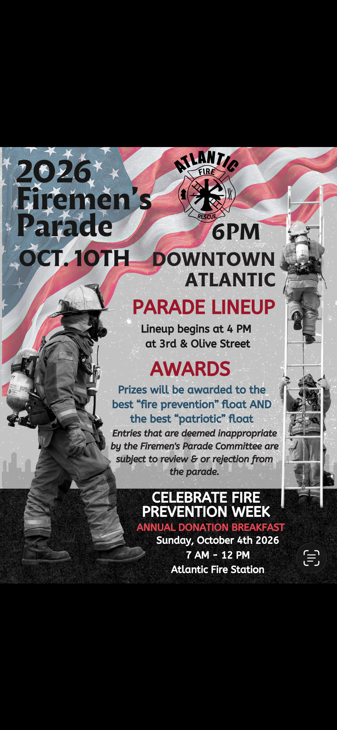 2026 Firemans parade October 10, 6 PM downtown Atlantic lineup at Olive Street